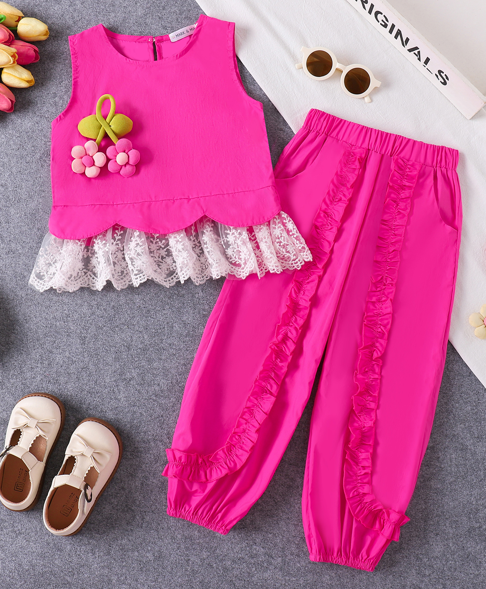 Mark & Mia Cotton Sleeveless Top & Lounge Pant Set With Floral Applique - Fuchsia-image-18