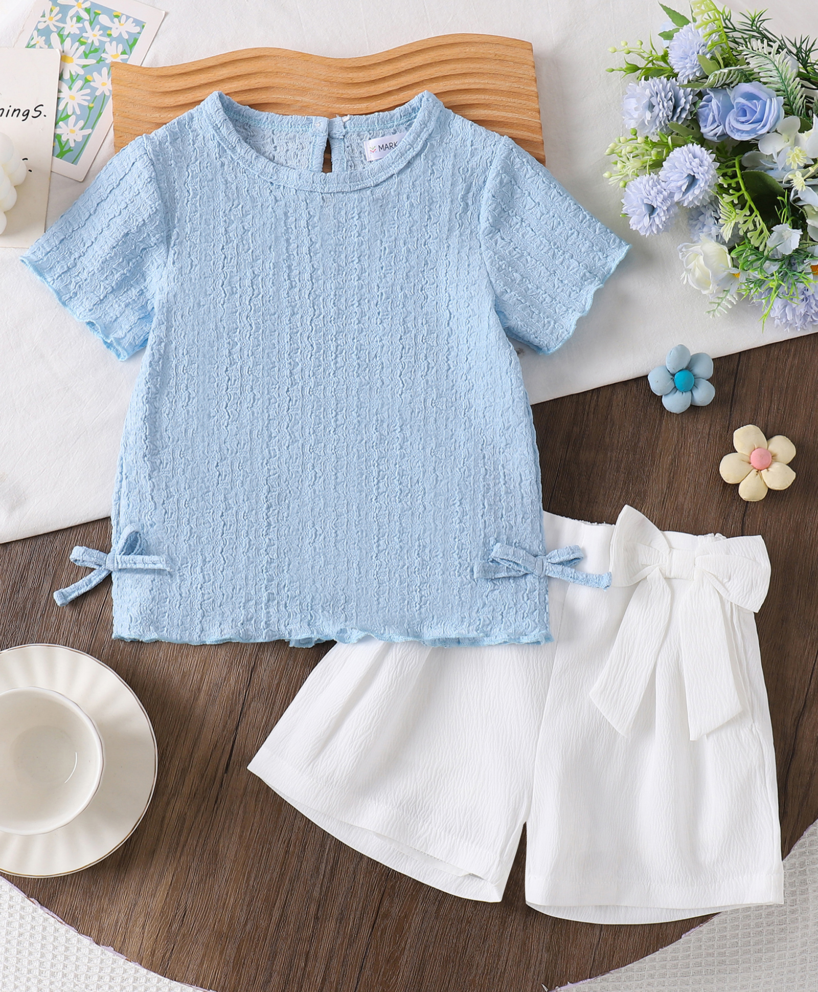 Mark & Mia Half Sleeves Top & Shorts Set with Bow Applique - Light Blue-image-11