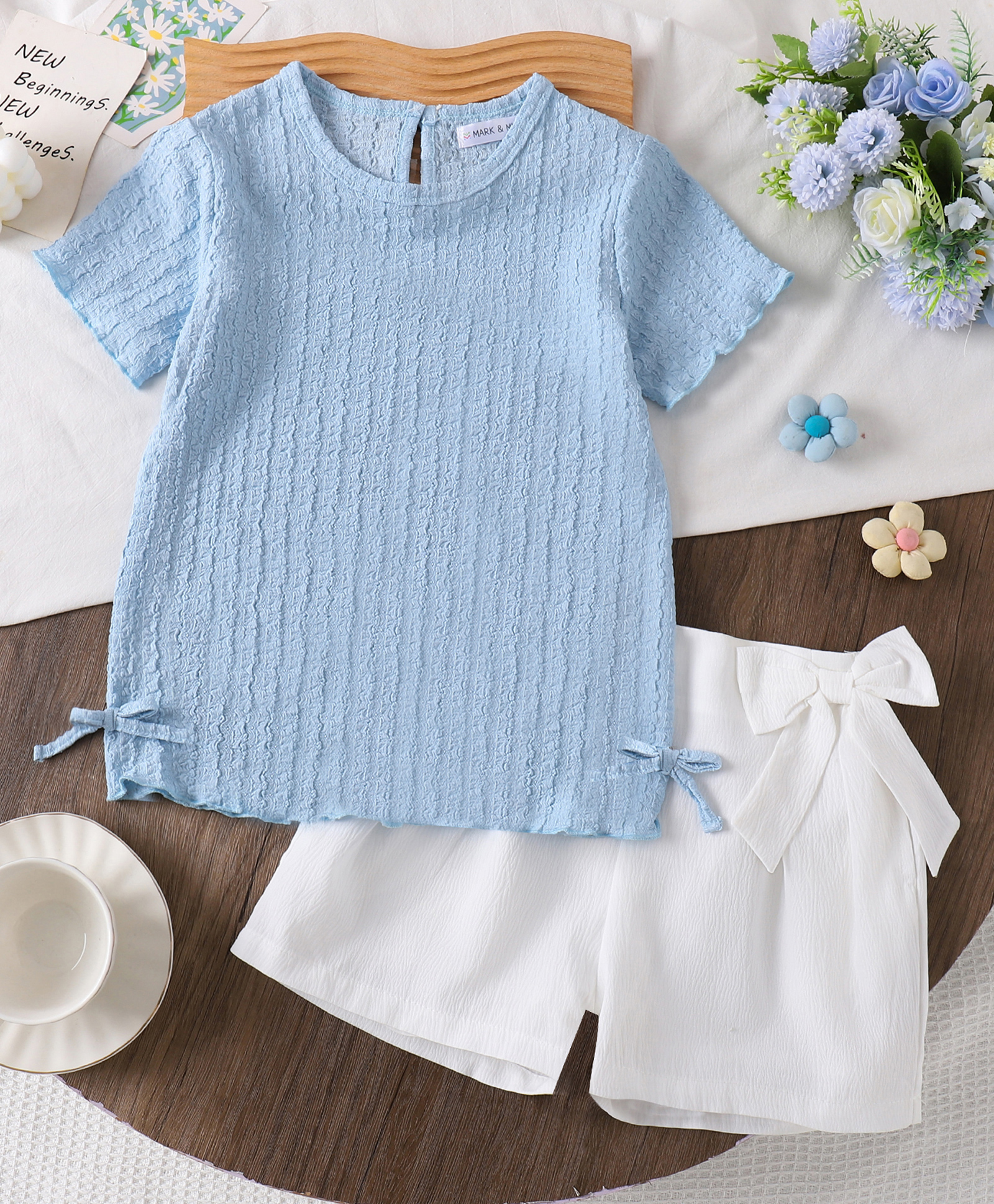 Mark & Mia Half Sleeves Top & Shorts Set with Bow Applique - Light Blue-image-15