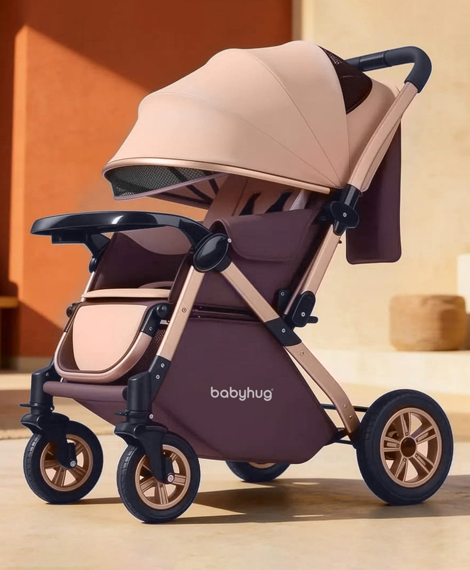Babyhug Stroller with Reversible Handle & Feeding Tray - Khaki| Reversible Handle| Suspension Wheels| Linen Fabric| Front Swivel Wheels| Storage Basket| Linked Brake| Food Tray-picture-14