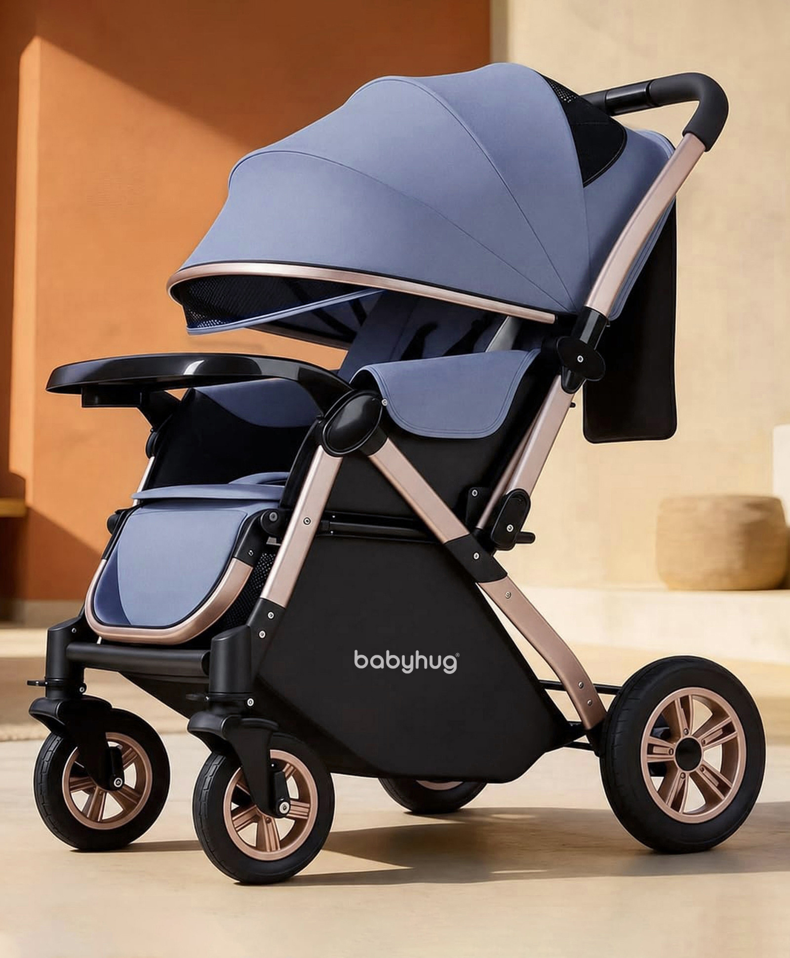 Babyhug Stroller with Reversible Handle & Feeding Tray - Blue| Reversible Handle| Suspension Wheels| Linen Fabric| Front Swivel Wheels| Storage Basket| Linked Brake| Food Tray-picture-12