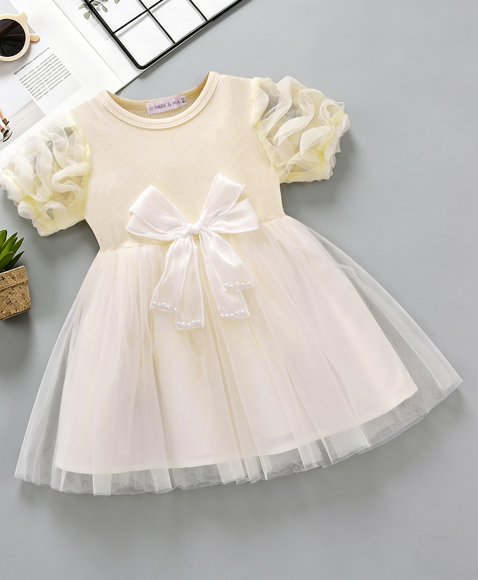 Mark & Mia Half Sleeves Party Dress With Bow Applique - Beige-image-44