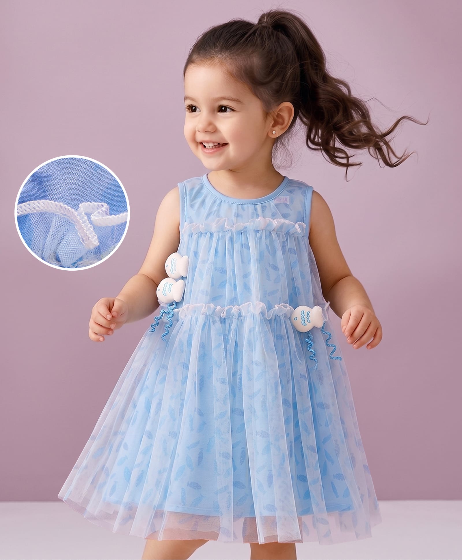 Mark & Mia Sleeveless Sea Life Printed Party Frock with Applique - Light Blue-image-8