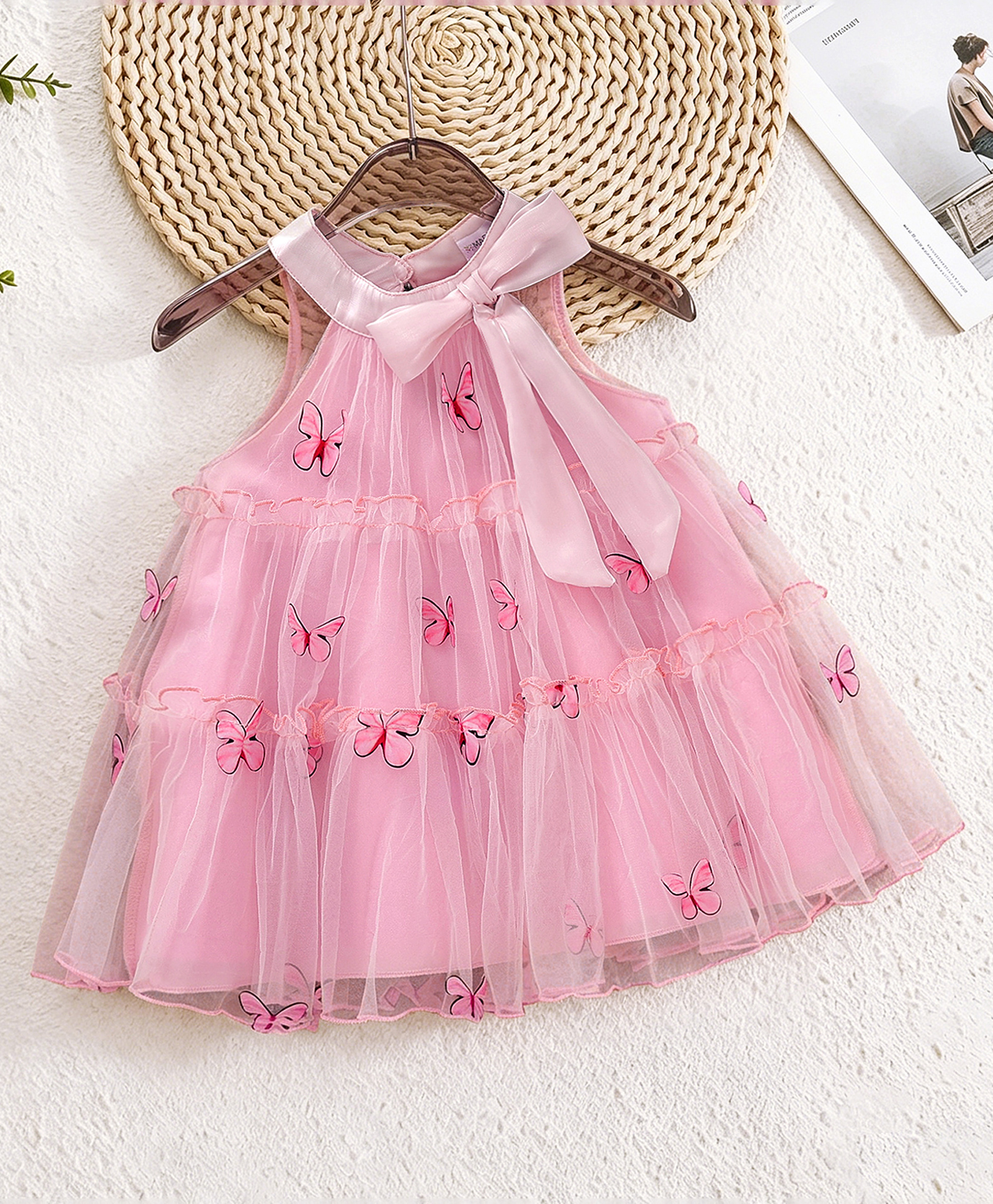 Mark & Mia Sleeveless Butterfly Printed Party Frock With Bow Applique - Pink-image-32