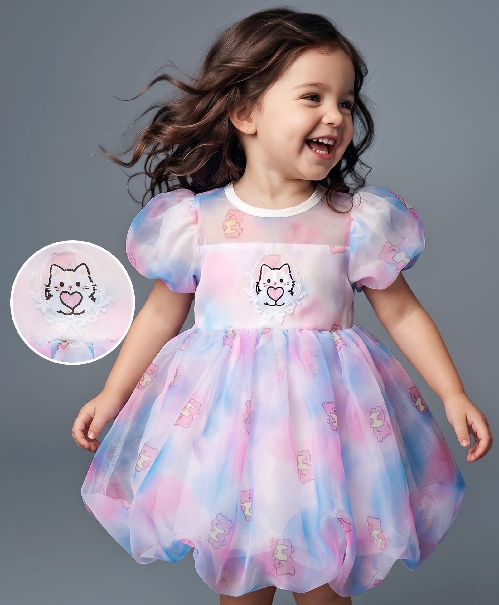 Mark & Mia Half Sleeves Bear & Kitty Printed Party Frock - Multicolor-image-25