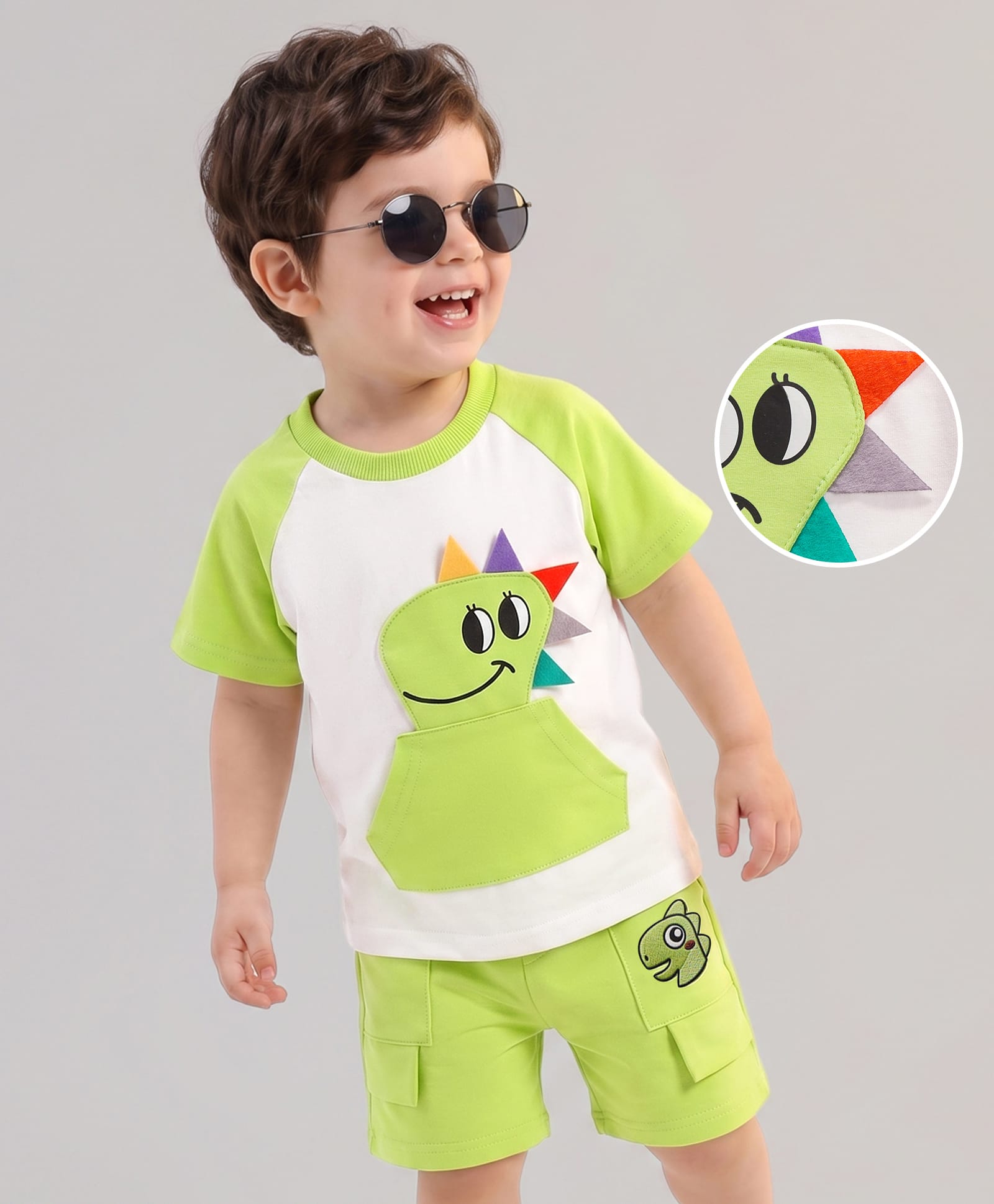 Mark & Mia Cotton Half Sleeves T-Shirt & Shorts Set With Dino Print & Applique - Green-picture-22