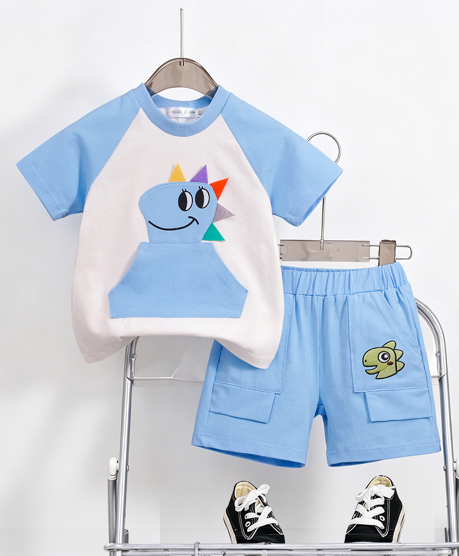 Mark & Mia Cotton Half Sleeves T-Shirt & Shorts Set With Dino Print & Applique - Blue-picture-12