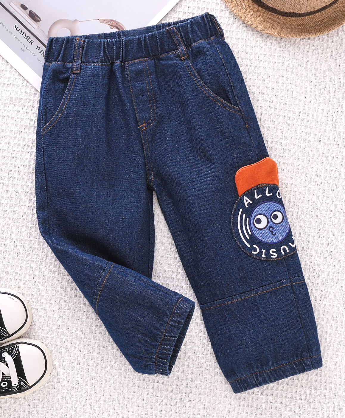 Mark & Mia Denim Washed Jeans With Text Print & Applique - Blue-picture-13