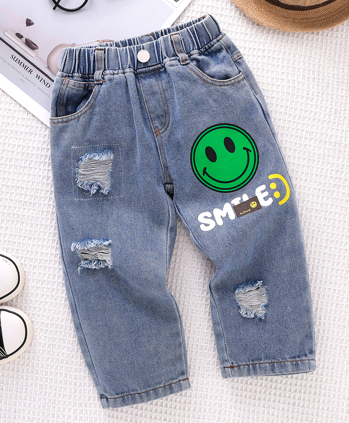 Mark & Mia Denim Full Length Washed Distressed Jeans With Smile Print - Light Blue-picture-24