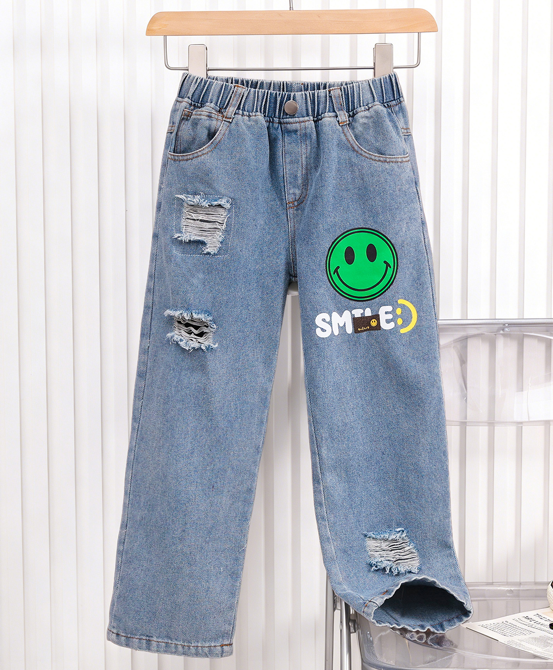 Mark & Mia Denim Full Length Distressed Washed Jeans With Smile Print - Light Blue-picture-26