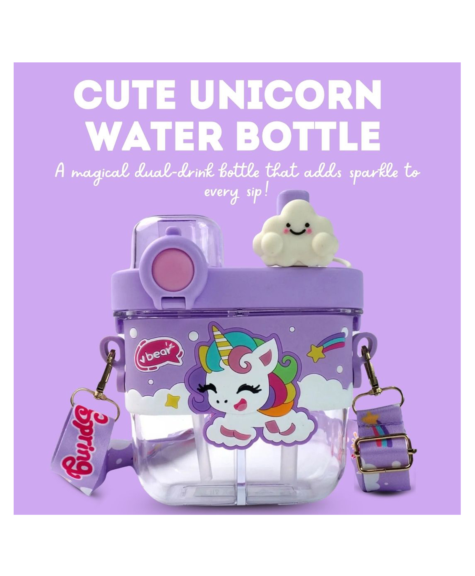 Cots and Cuddles 3D Unicorn Design 2 Compartment 580ml Water Bottle for Kids-image-36