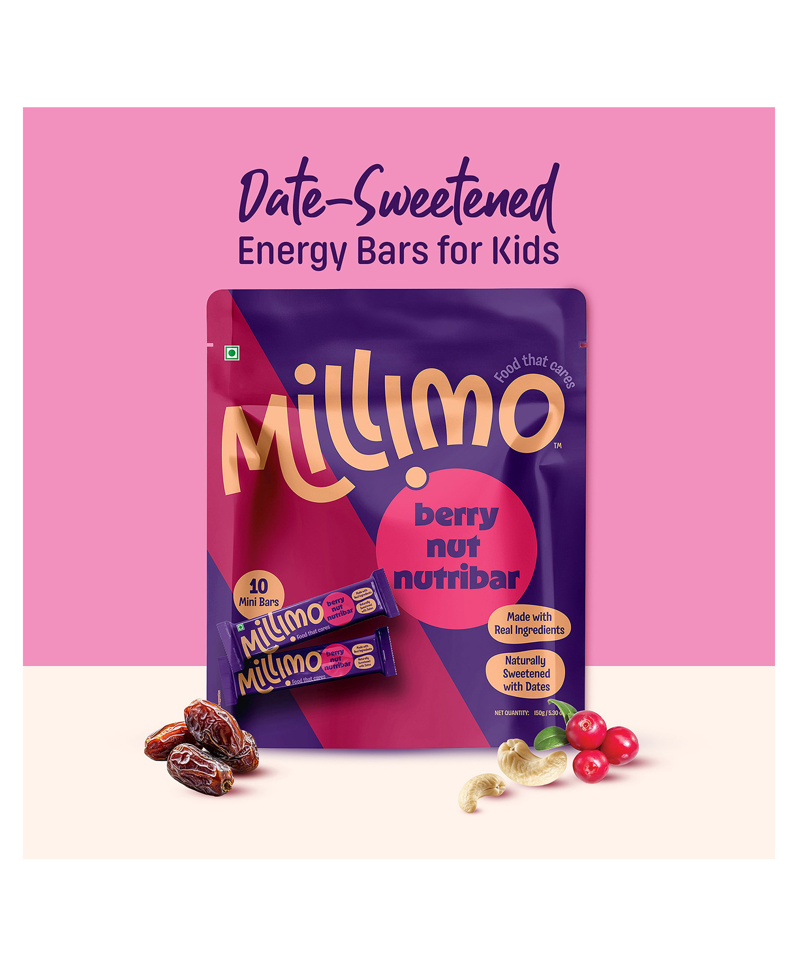 Millimo Healthy Berry Nut Nutribar (150g) | No added sugar, No additives | Source of Protein & Fiber | Made with Date (Pack of 10)-image-31