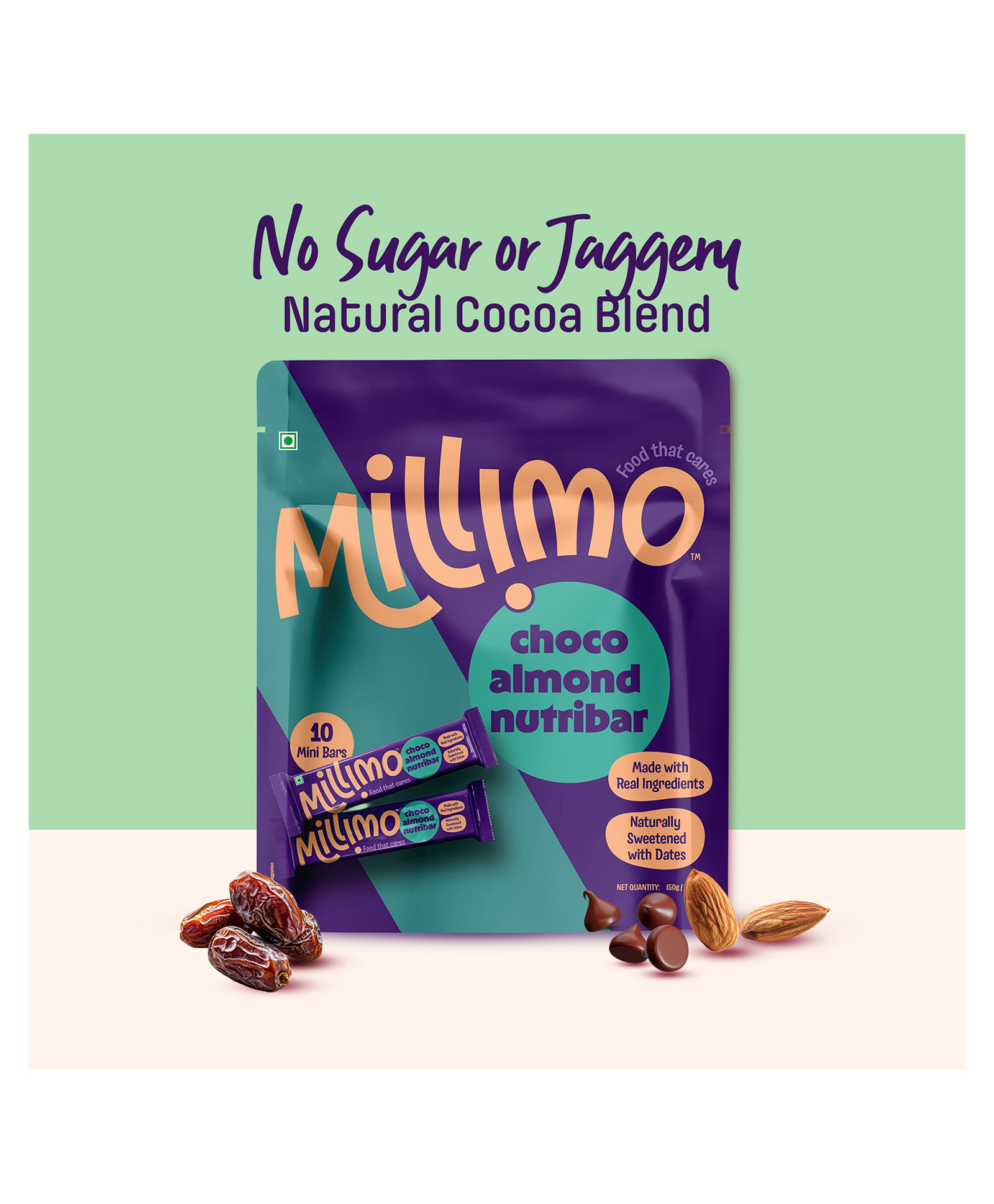 Millimo Healthy Choco Almond Nutribar | No added sugar, No additives | Source of Protein & Fiber | Made with Date (Pack of 10)-image-34
