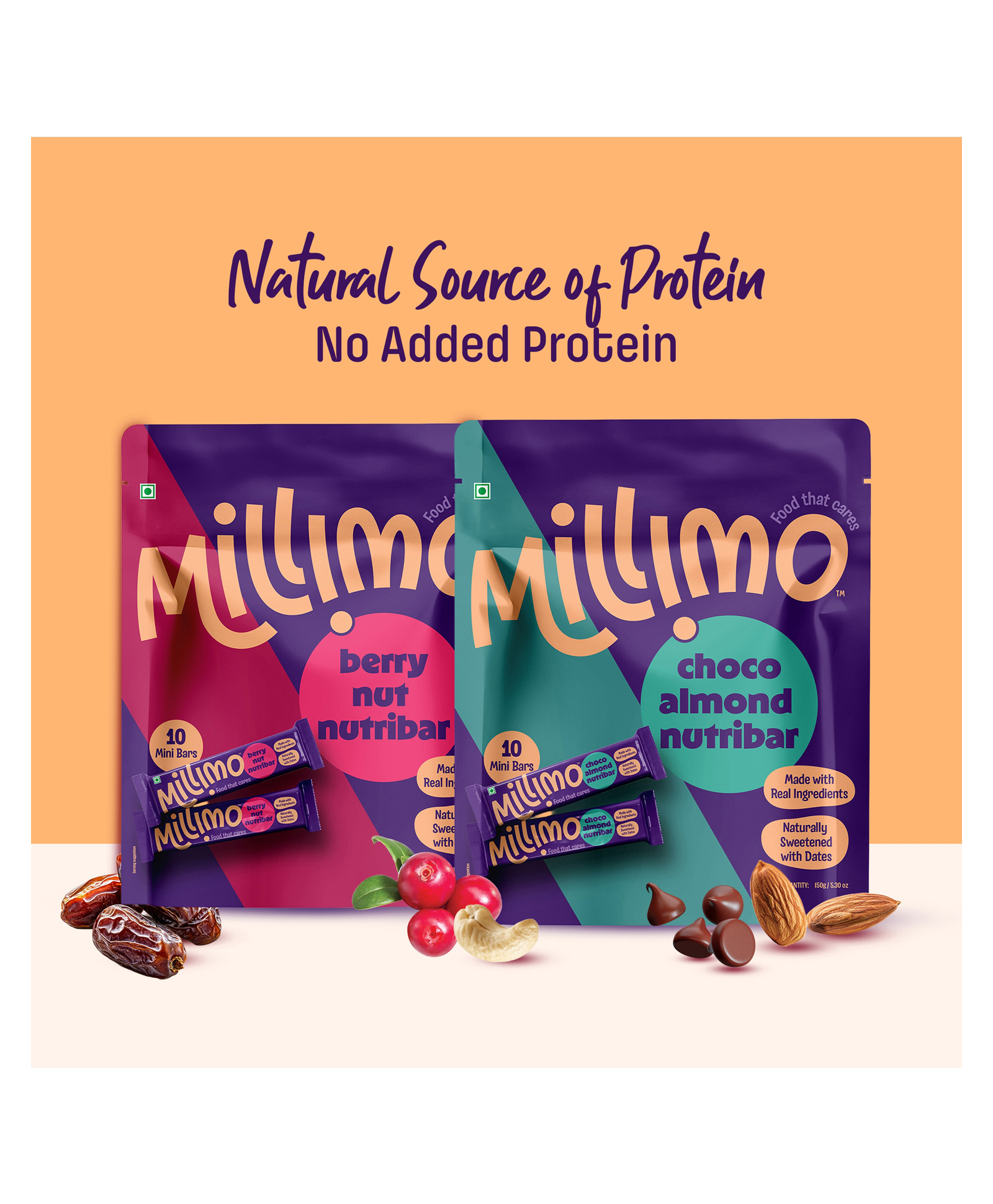 Millimo Healthy Nutribar Combo - Berry Nut & Choco Almond | No added sugar, No additives | Source of Protein & Fiber | Made with Date (Pack of 20)-image-36