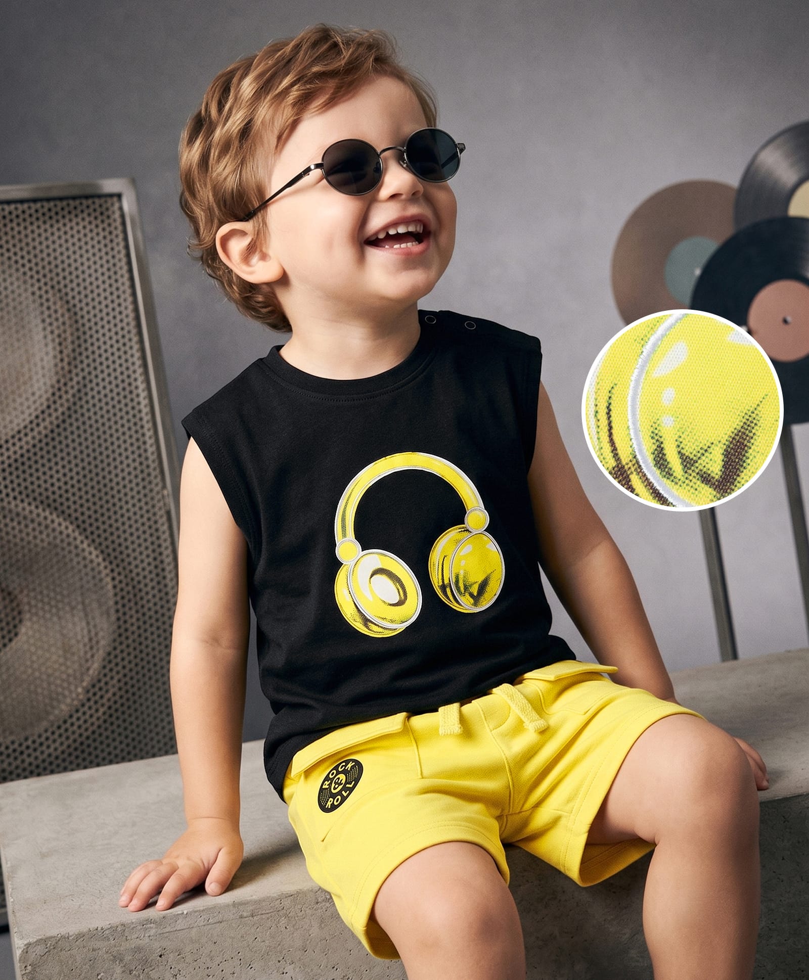 Mark & Mia Cotton Knit Sleeveless Headphones Printed T-Shirt & Shorts Sets With Pocket - Black & Yellow-image-1