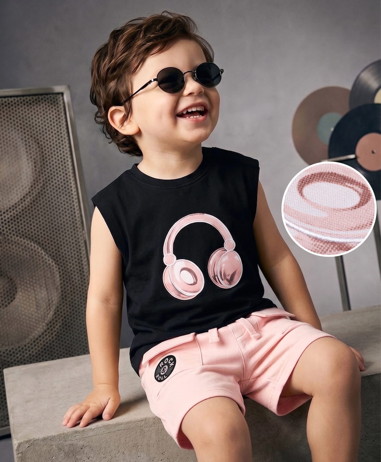 Mark & Mia Cotton Knit Sleeveless Headphones Printed T-Shirt & Shorts Sets With Pocket - Black & Pink-picture-24