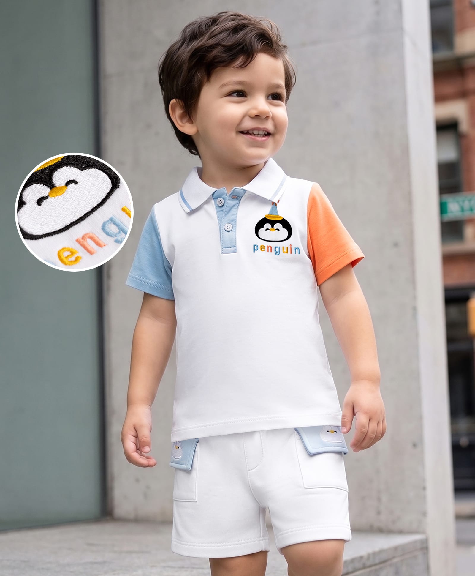 Mark & Mia 100% Cotton Knit Half Sleeves Penguin & Text Embroidered Polo T-shirt & Shorts Set - Cream-picture-35