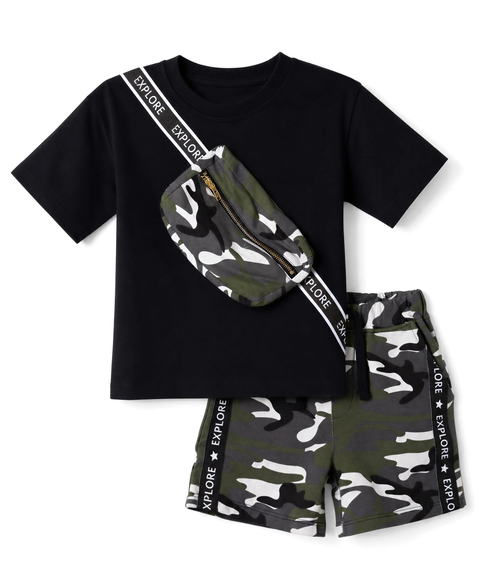 Mark & Mia Cotton Knit Half Sleeves T-Shirt & Shorts Set with Attached Pouch Pocket & Camouflage Print - Black-picture-25