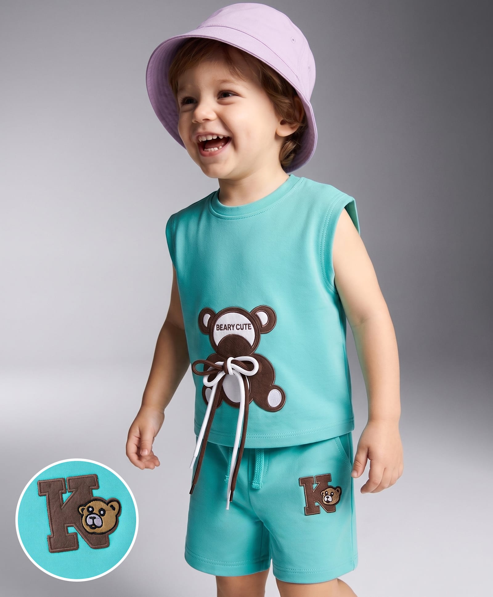 Mark & Mia 100% Cotton Knit Sleeveless Tank T-Shirt & Shorts Set With Bear Applique & Badge Detailing - Sea Green-picture-36