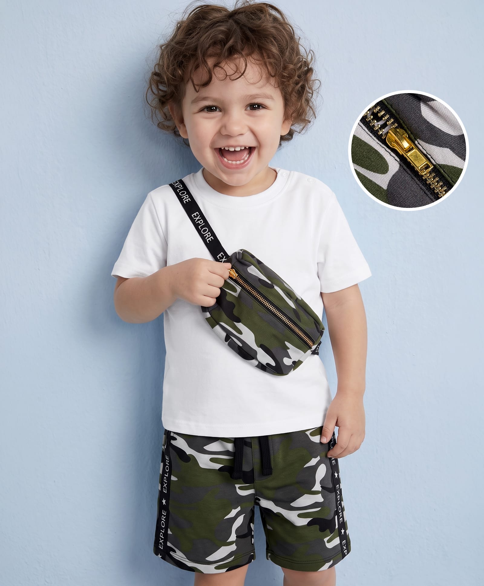 Mark & Mia Cotton Knit Half Sleeves Camouflage T-Shirt & Shorts Set With Pocket & Tape Detailing - White & Olive-picture-30