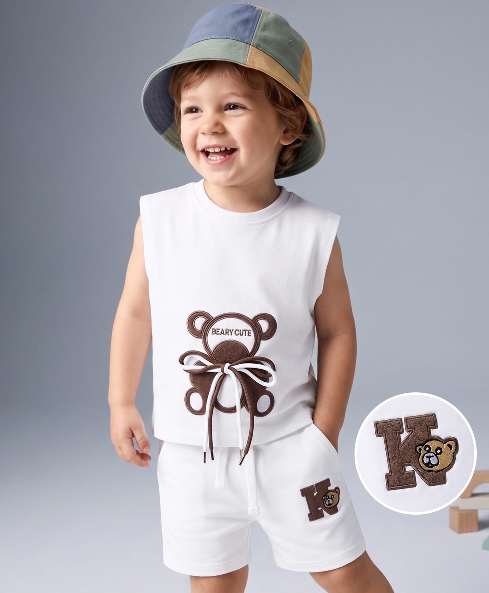 Mark & Mia Cotton Knit Sleeveless Tank T-Shirt & Shorts Set With Bear Applique & Badge Detailing - White-picture-15