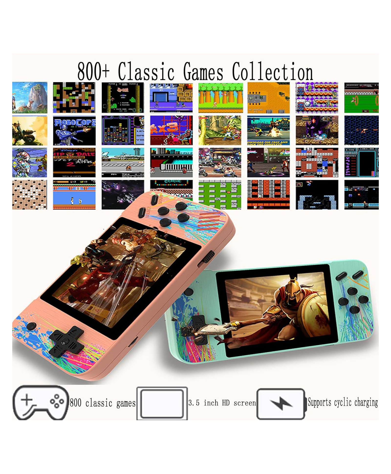 Sanjary Portable Handheld Game Console with 800 Classic Games, 3.5 Inch Screen, Two Player Support, Retro Gaming Entertainment Device Kids Adults color design may vary-image-2