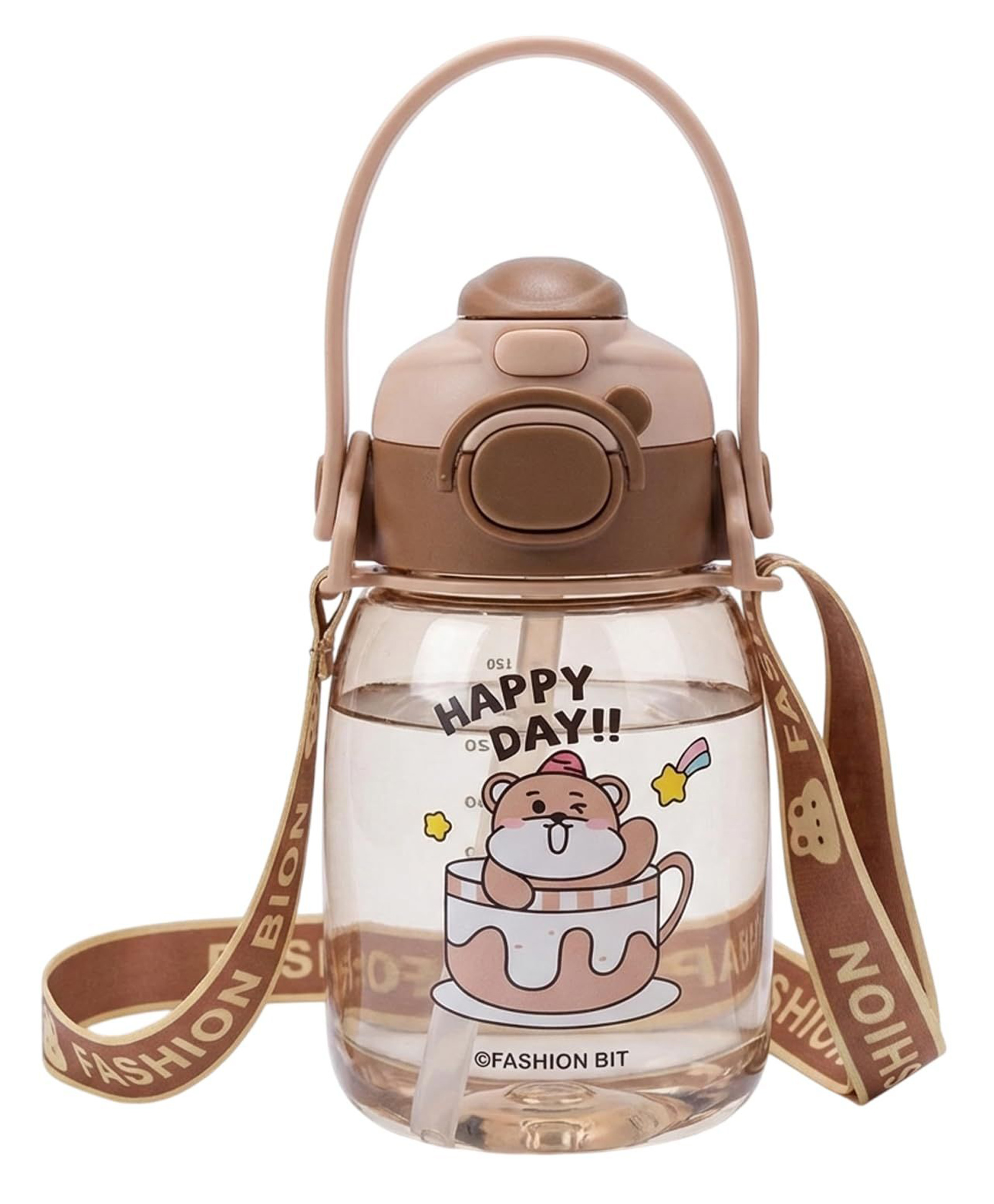 FunBlast Cute Cartoon Drinking Water Bottle with Handle & Strap for Kids Pack of 1, 550 ml (Brown)-image-31