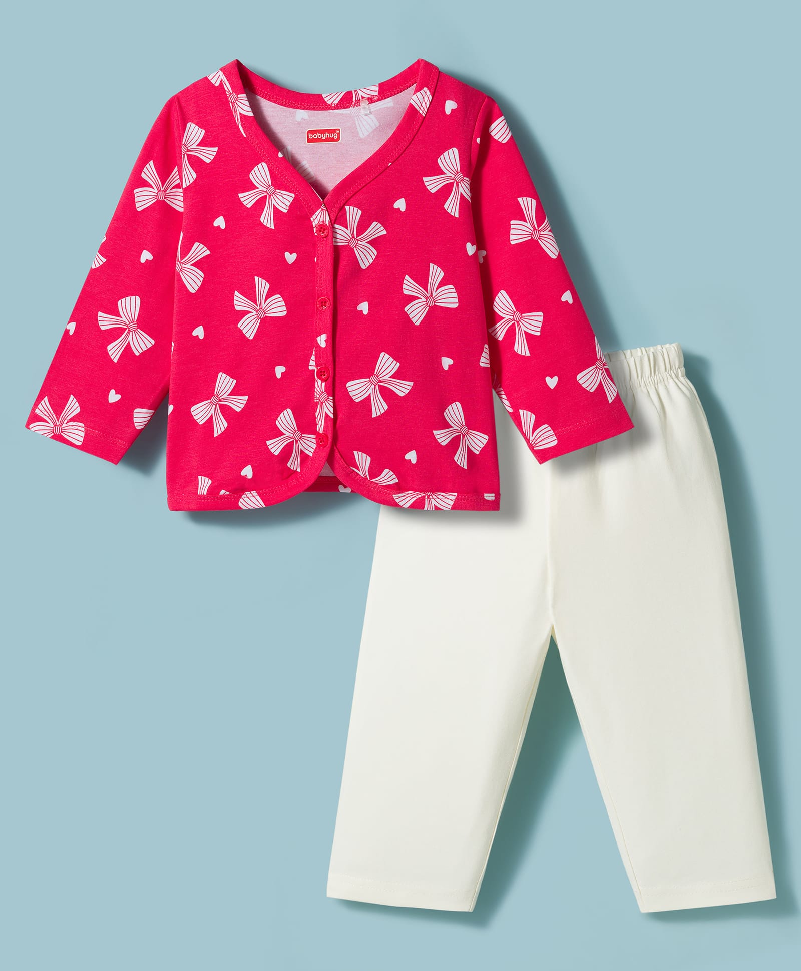 Babyhug Single Jersey Knit Full Sleeves Bow Printed Top & Leggings Set - Red & White
