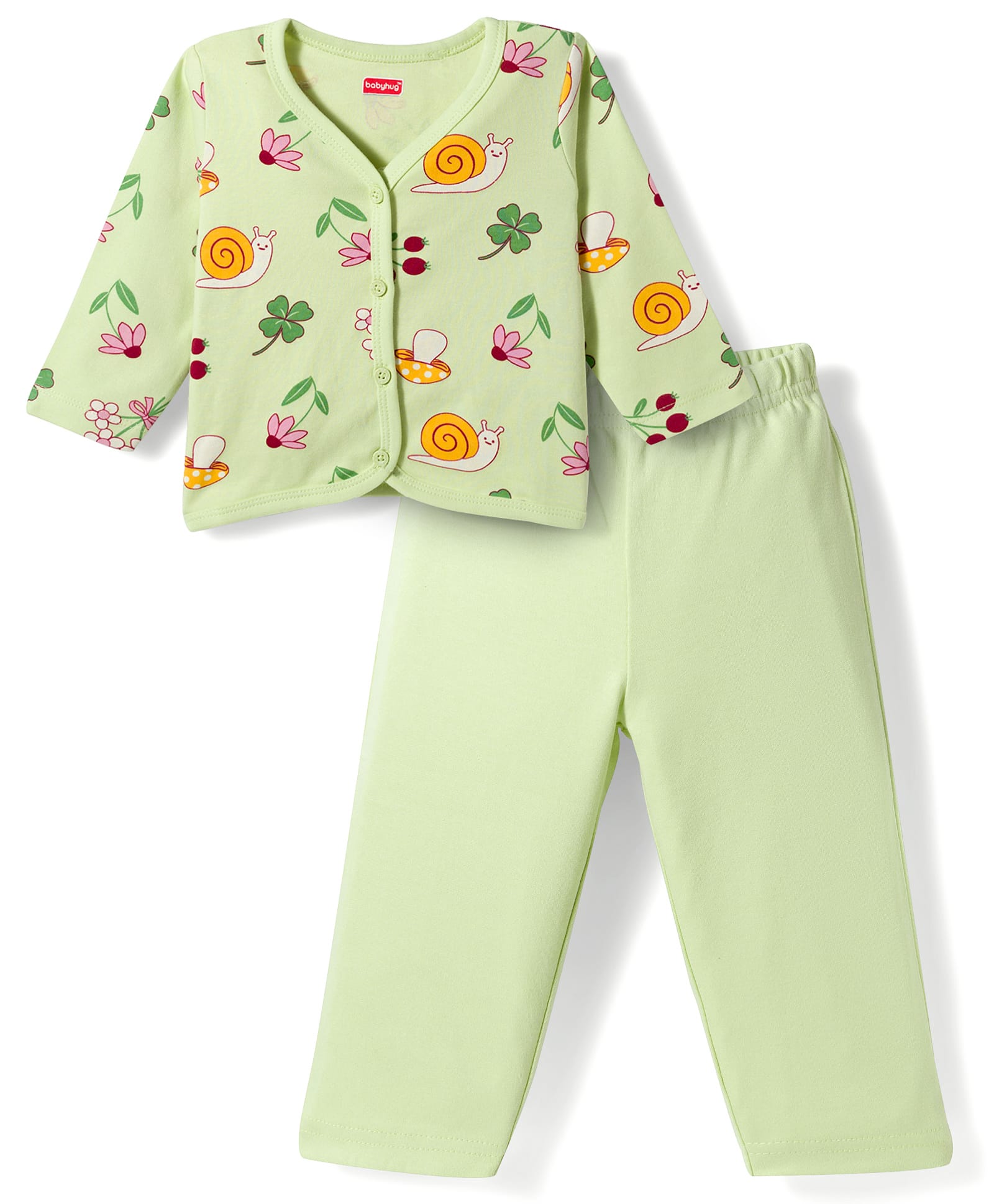 Babyhug Single Jersey Knit Full Sleeves Top & Leggings Set with Tropical Theme Print - Light Green