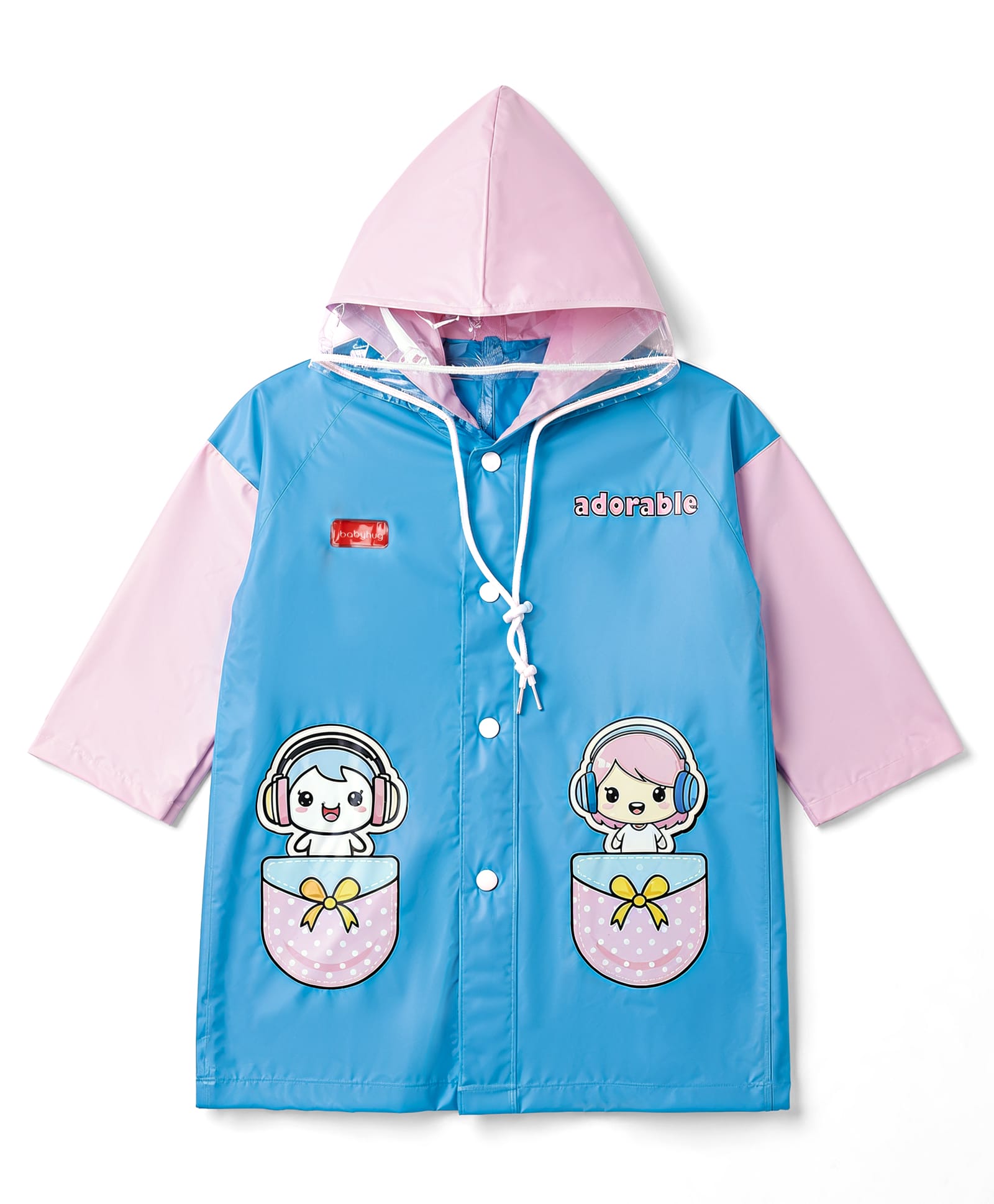 Babyhug Full Sleeves Knee Length Hooded Raincoat with Doll Print - Light Blue-picture-25