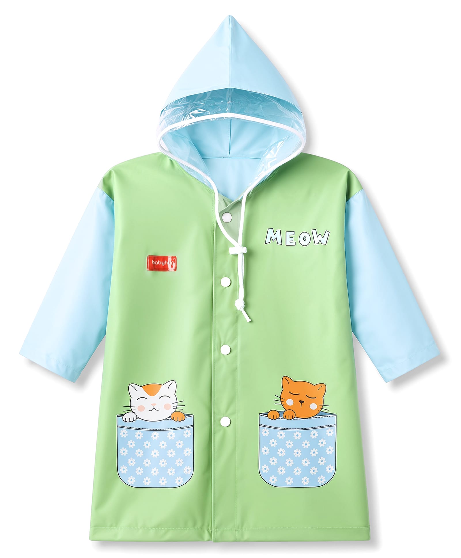 Babyhug Full Sleeves Knee Length Hooded Raincoat with Kitten Print - Light Green-image-18