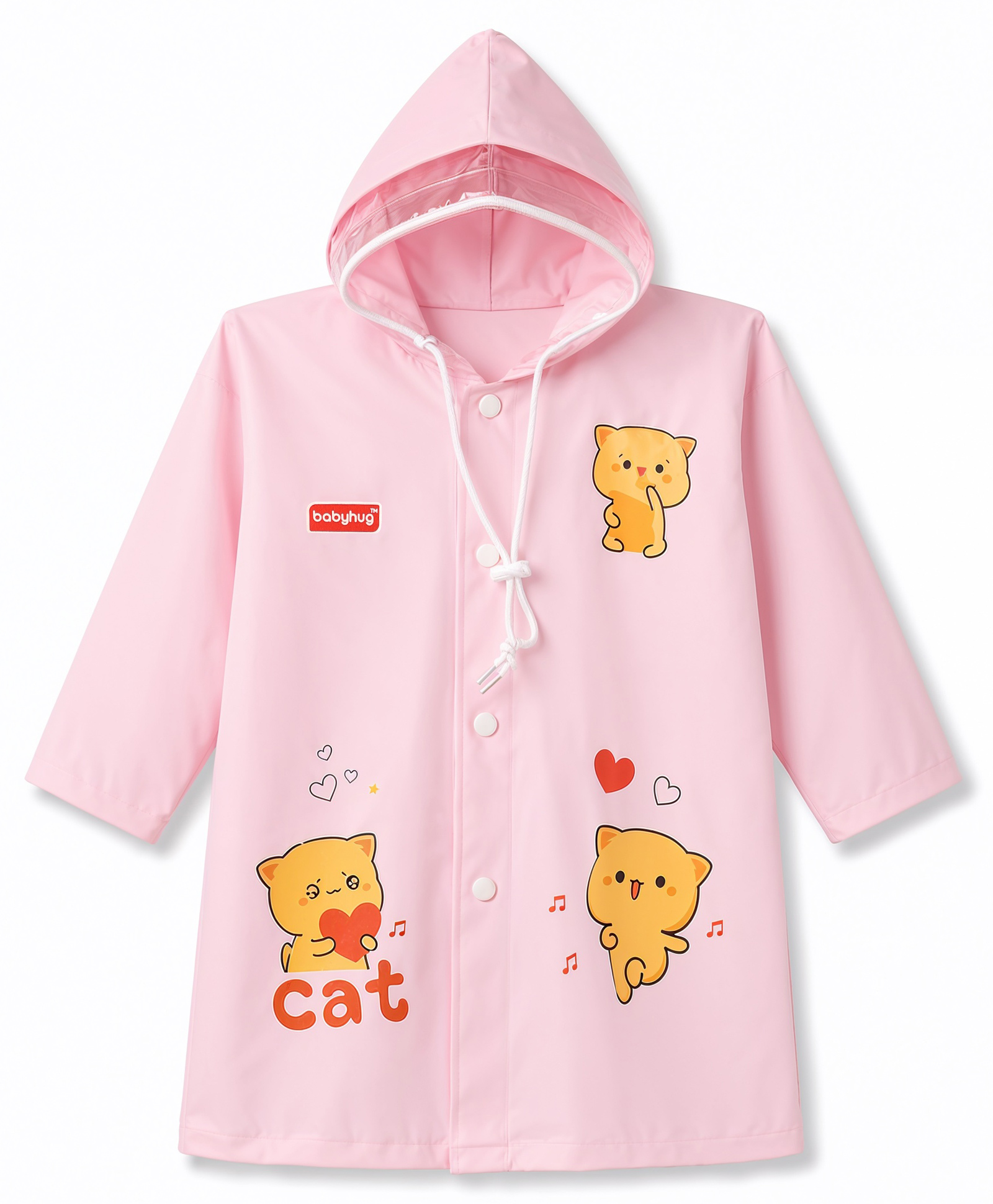 Babyhug Full Sleeves Kitty Printed Raincoat - Pink-image-10