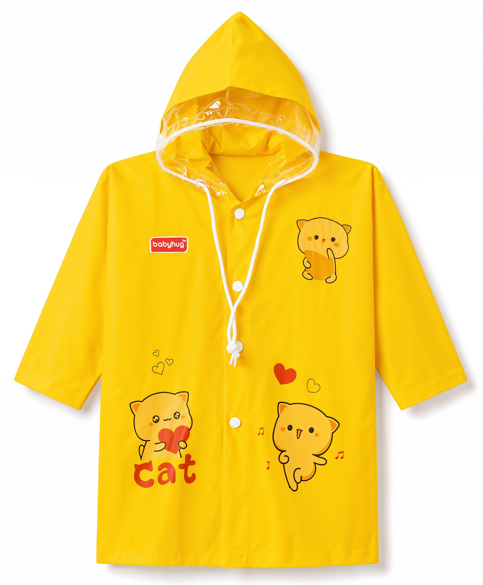 Babyhug Full Sleeves Kitty Printed Raincoat - Yellow-image-9