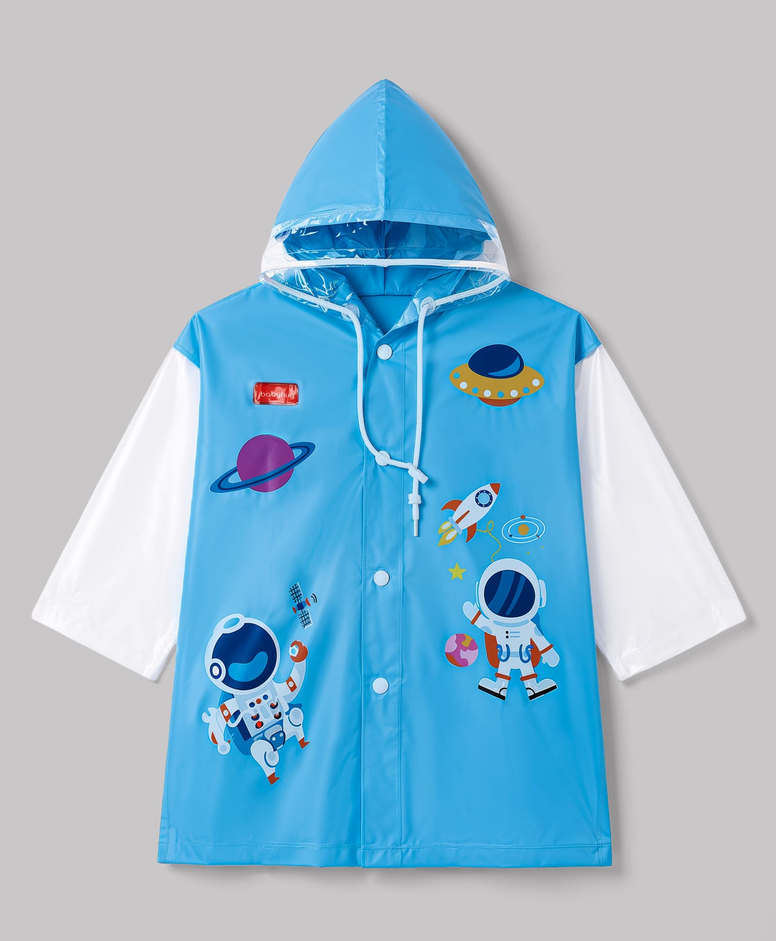 Babyhug Full Sleeves Knee Length Hooded Astronaut Printed Raincoat - Blue-picture-27