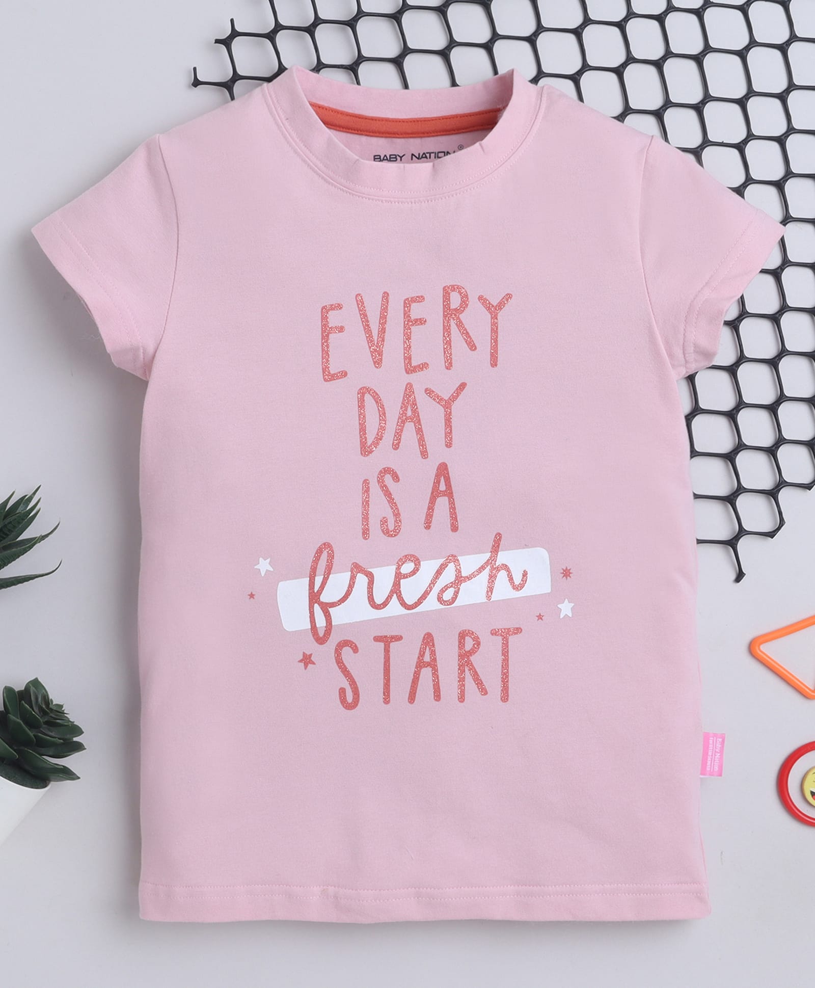 BABY NATION Knitted Knit Half Sleeves Everyday Is A Fresh Start Glittered Text Printed Tee - Light Pink-image-43