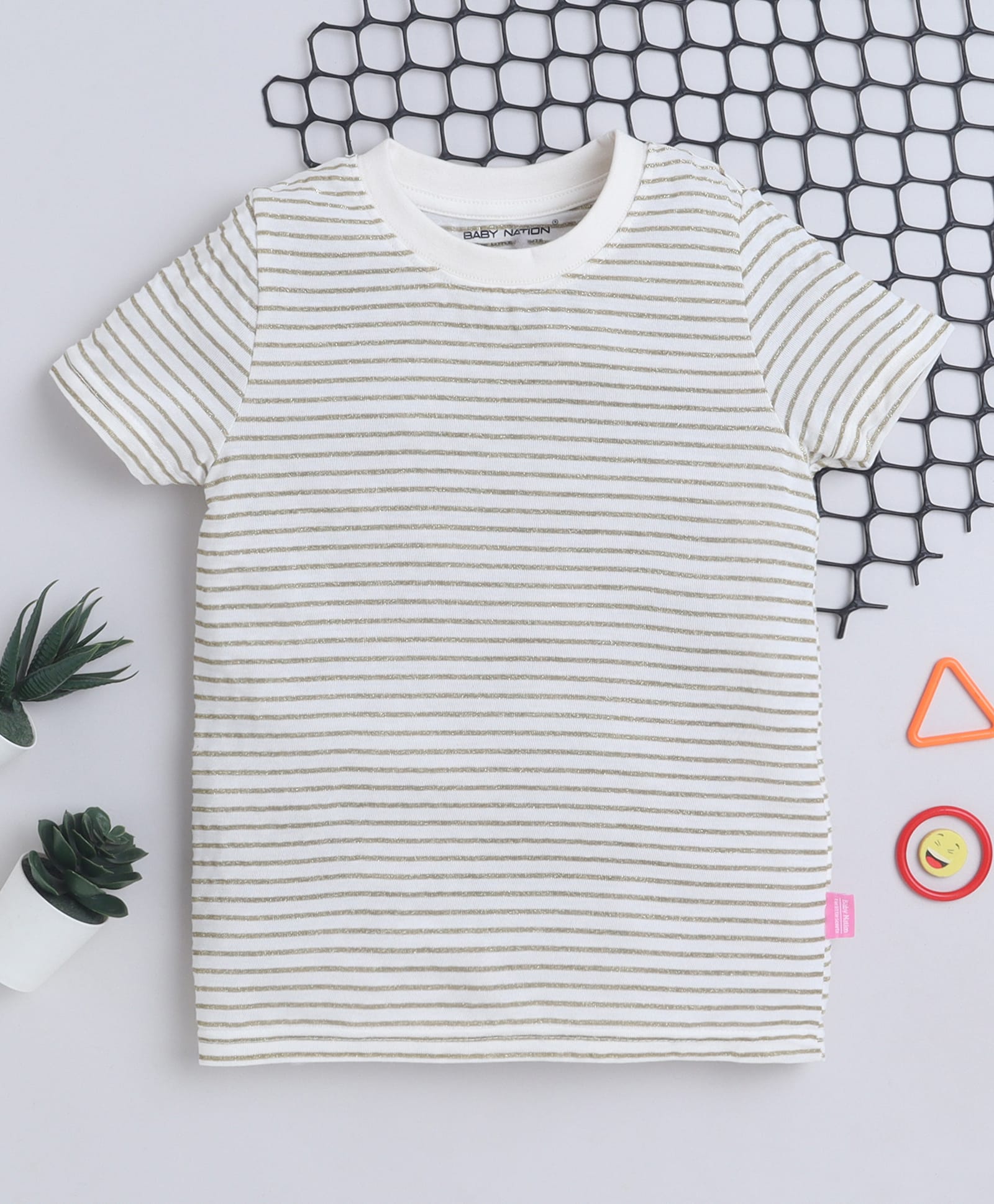 BABY NATION Knitted Knit Half Sleeves Striped Tee - Cream-image-40