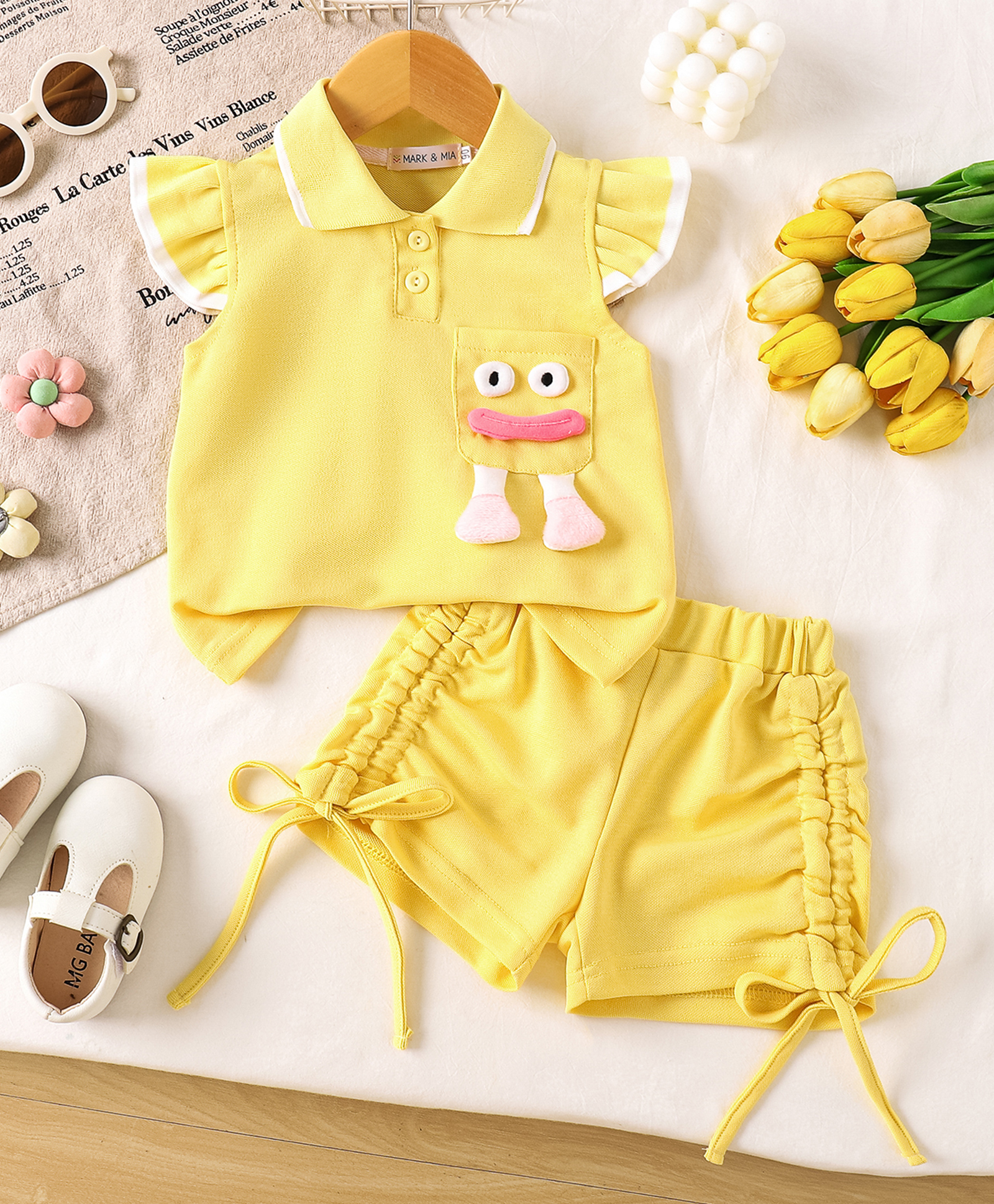Mark & Mia Cotton Half Sleeves Top & Shorts Set With Applique - Yellow-picture-17