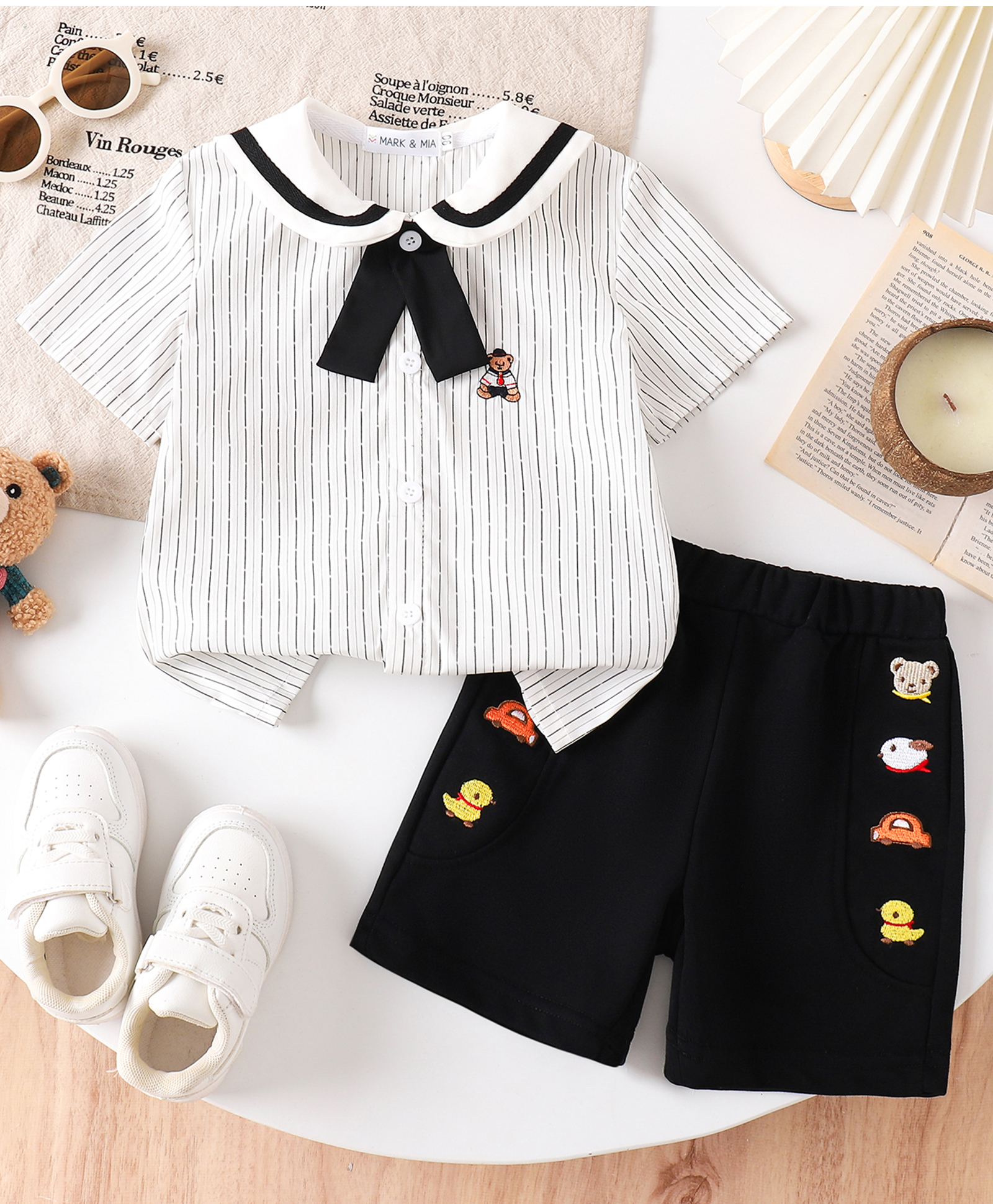Mark & Mia Cotton Half Sleeves Striped Top & Shorts Set with Animal Embroidery - White & Black-image-16