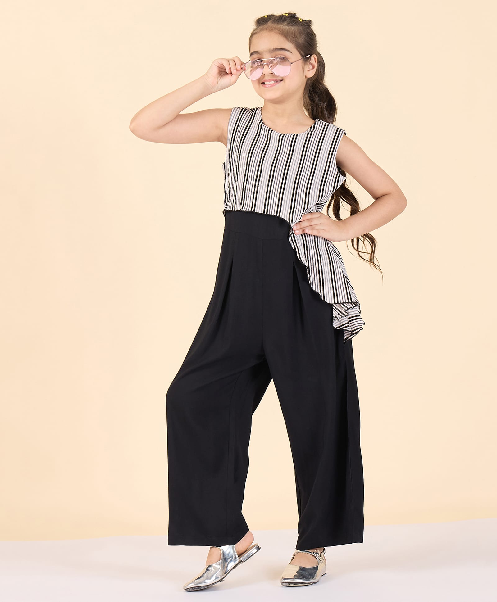 StyloBug Viscose Rayon Woven Sleeveless Striped Jumpsuit - Black-image-45