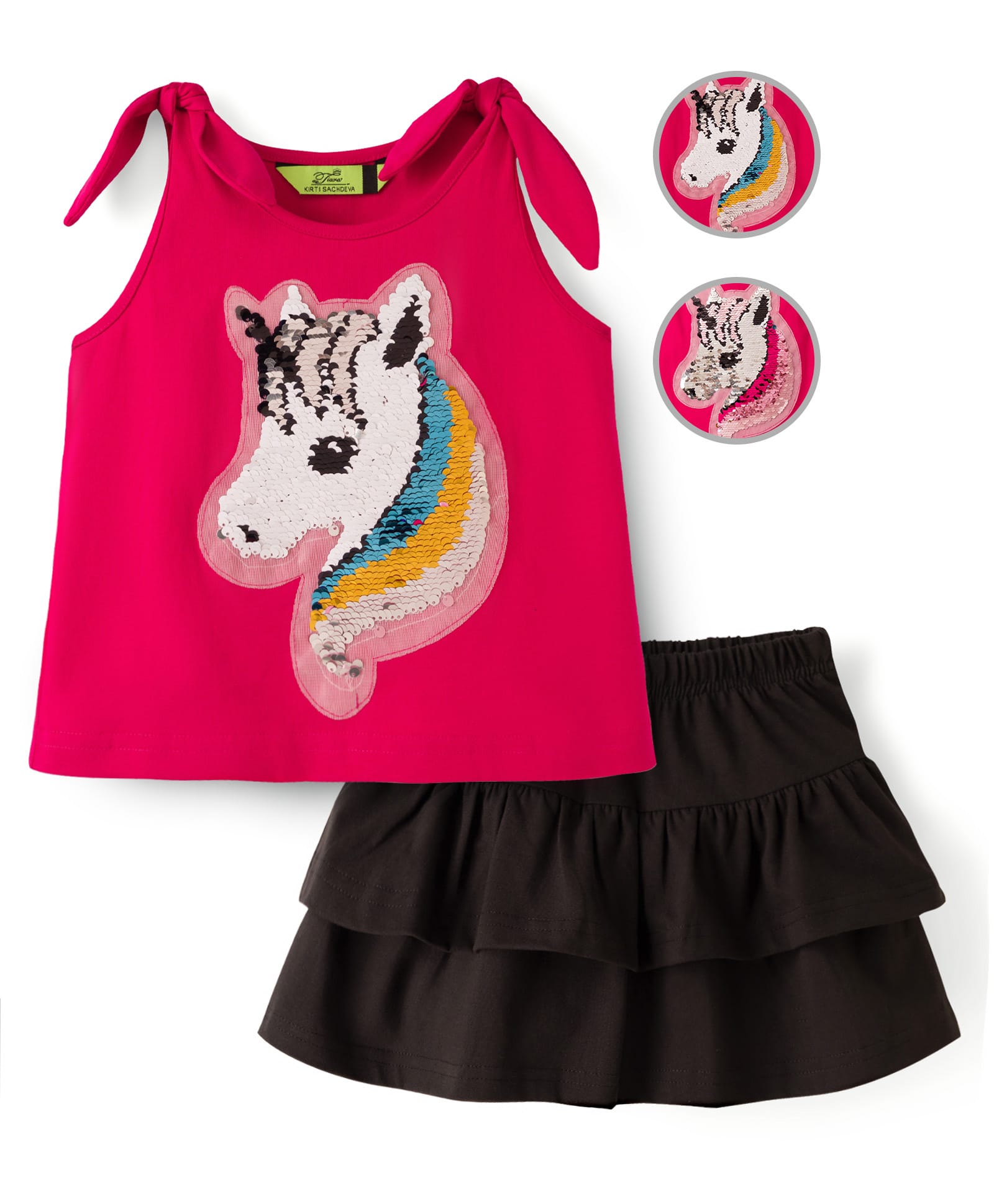 Tiara Cotton Jersey Knit Sleeveless Unicorn Designed Reversible Sequins Embellished Top & Skort Set - Pink-picture-18