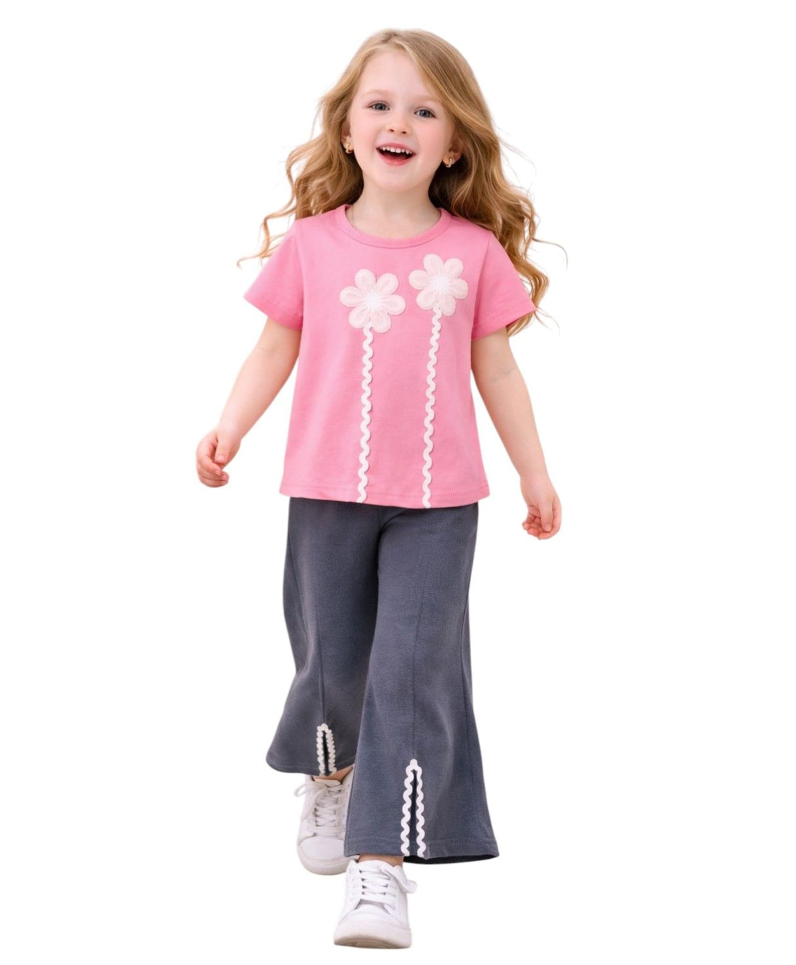 Tiara Cotton Jersey Knit Half Sleeves Floral Applique Detailed Tee & Front Slit Bell Bottom Pant Set - Pink-picture-11