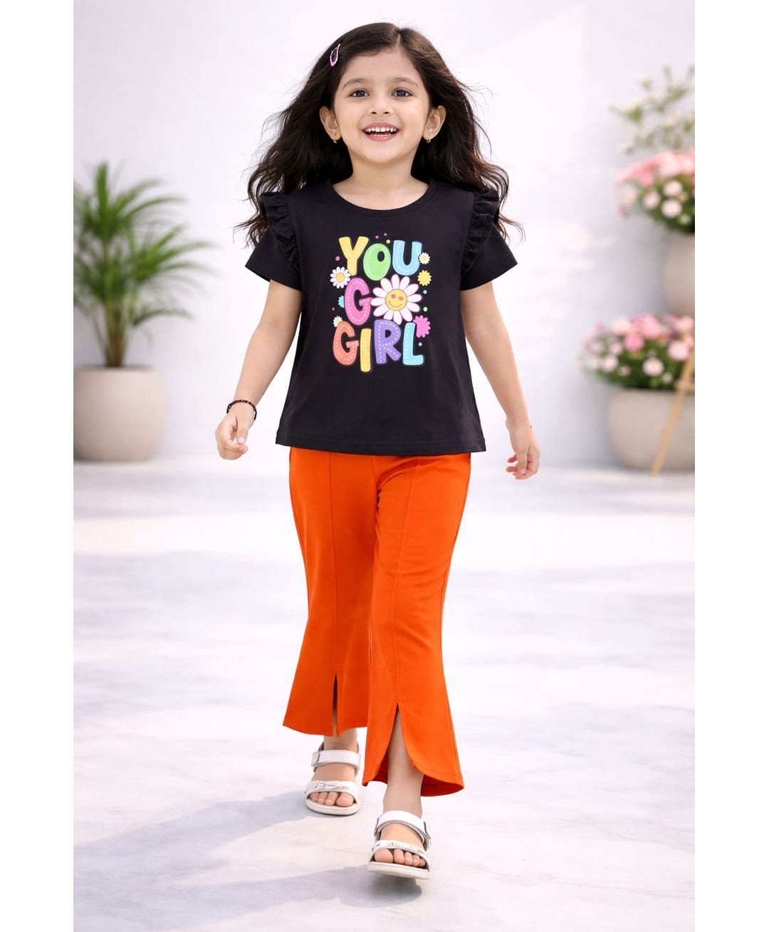 Tiara Cotton Spandex Knit Half Sleeves Frill Detailed You Go Girl Text Printed Top & Solid Palazzo Set - Orange-picture-16