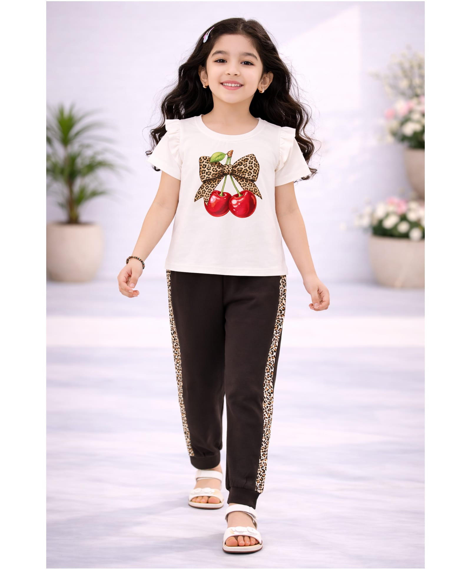 Tiara Cotton Spandex Knit Half Sleeves Cherry Printed Top & Bow Applique Detailed Pant Set - White-picture-22