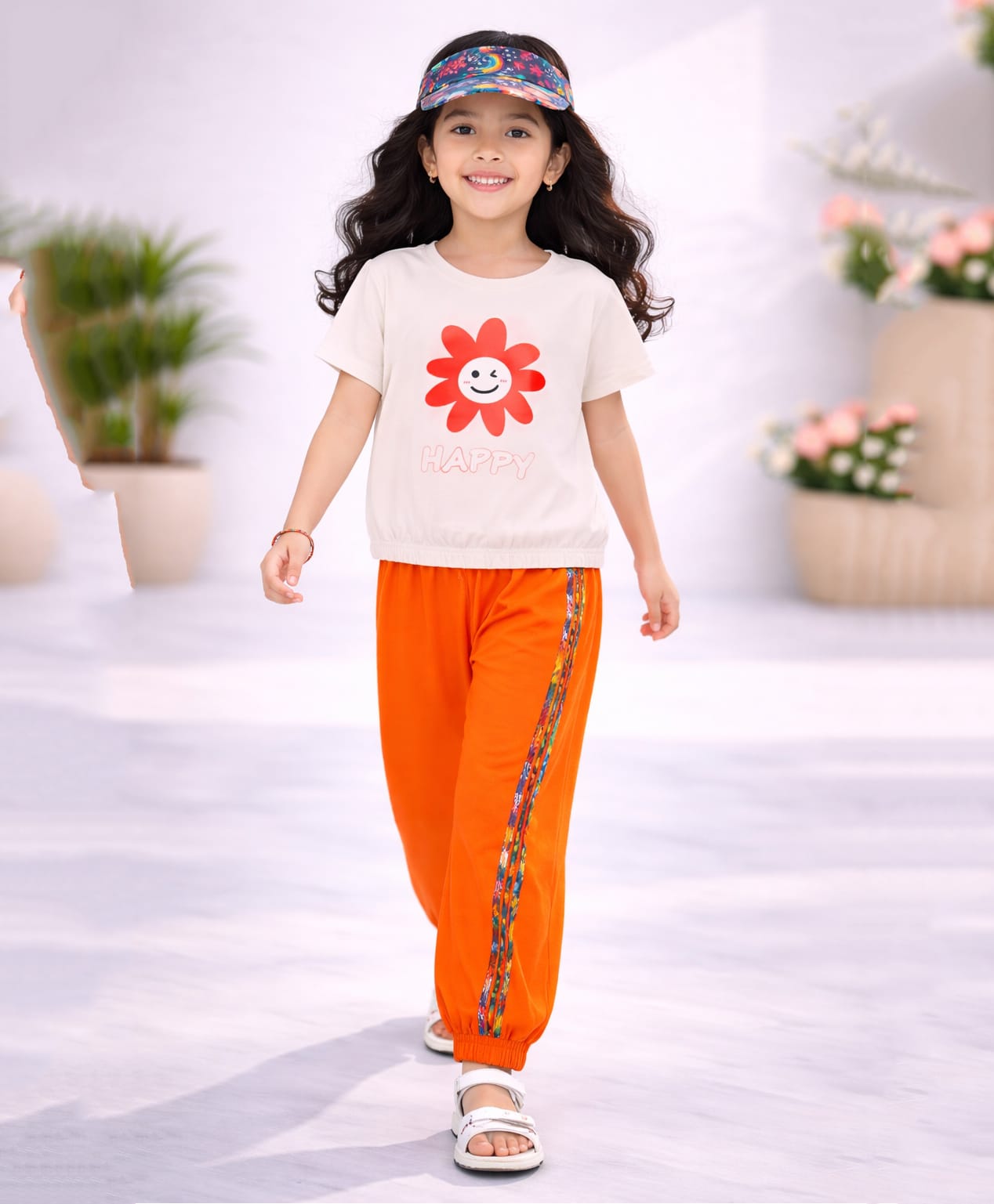Tiara Cotton Spandex Knit Half Sleeves Floral Printed Elasticated Waist Top & Side Taped Joggers Set With Cap - Orange-picture-11