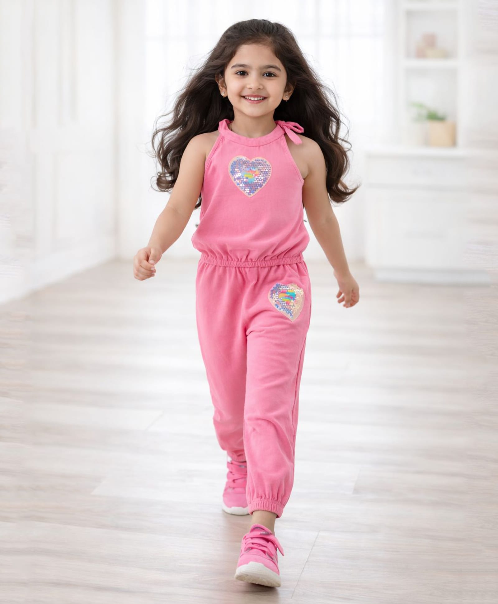 Tiara Cotton Jersey Knit Sleeveless Reversible Sequins Embellished Heart Applique Detailed Top & Jogger Set - Pink-image-36