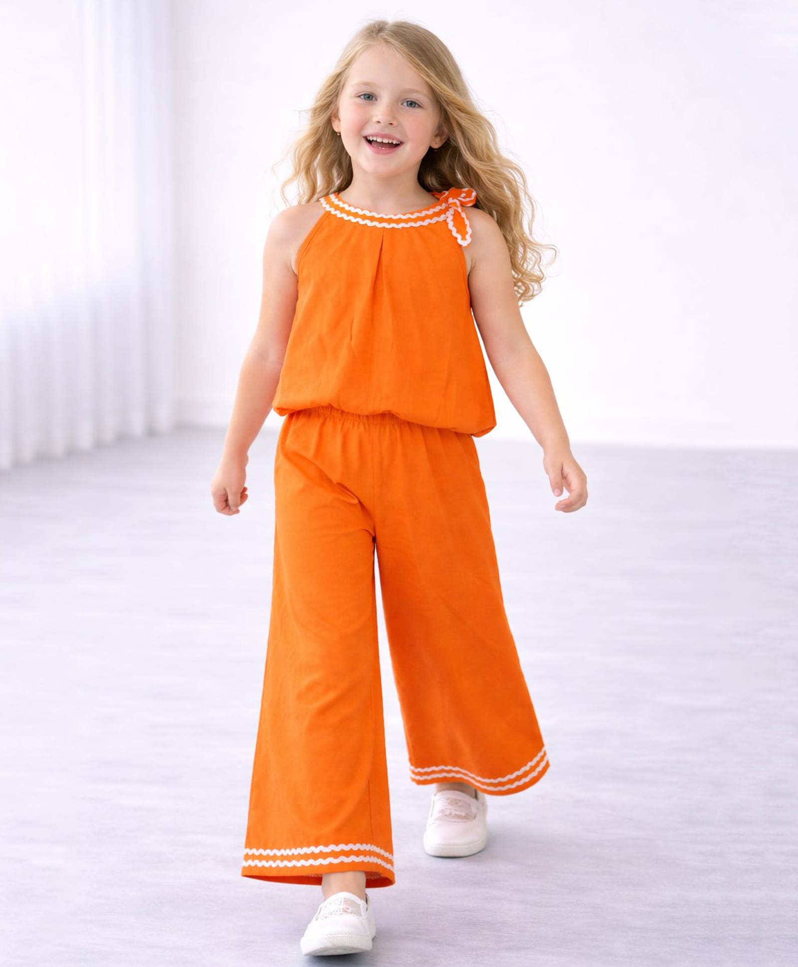 Tiara Cotton Jersey Knit Sleeveless Ric Rac Lace Embellished Halter Neck Top & Pant Set - Orange-picture-37