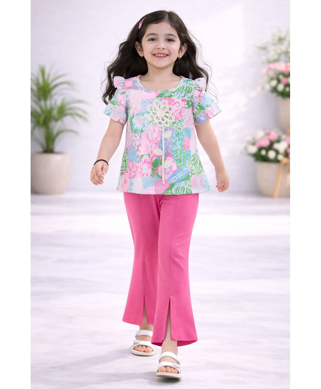 Tiara Cotton Jersey Knit Half Sleeves Abstract Printed Kiroshia Floral Applique & Frill Detailed Top & Solid Bell Bottom Pant Set - Pink-picture-22