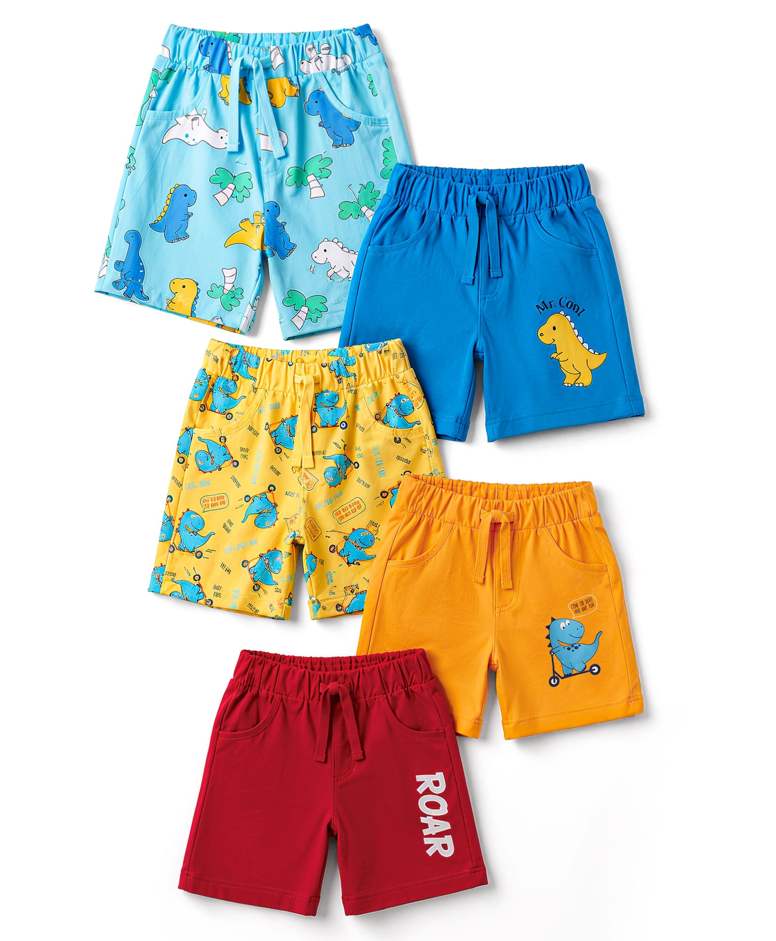 Doodle Poodle 100% Cotton Single Jersey Knit Dino Printed Shorts Pack of 5 - Aqua Yellow & Orange-picture-13