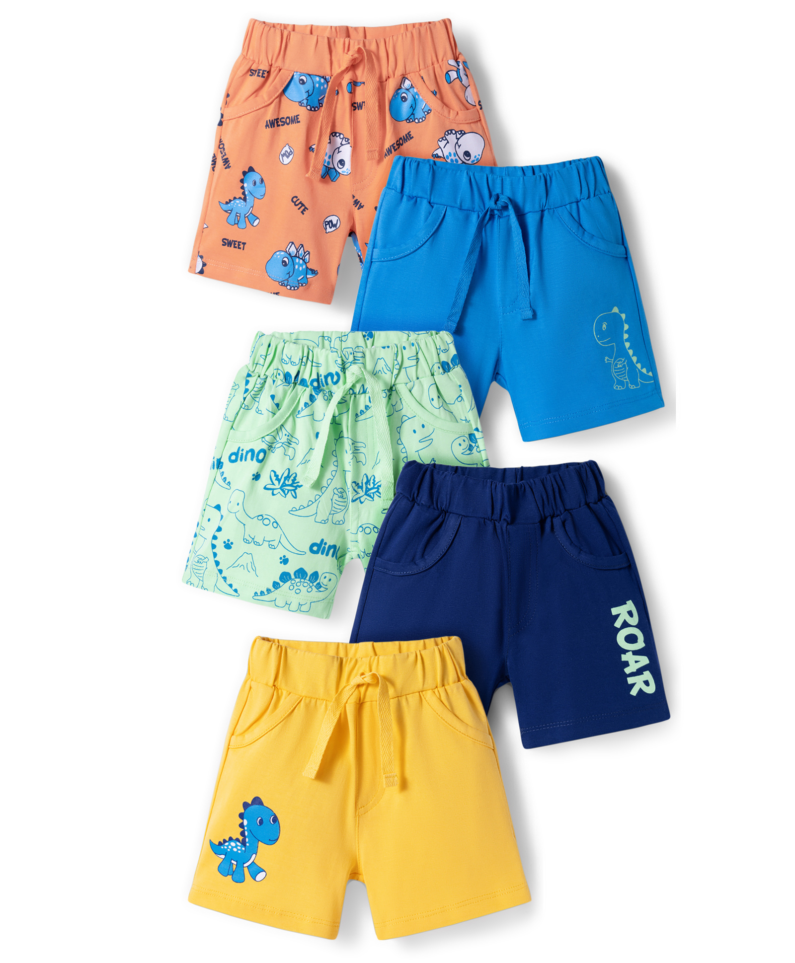 Doodle Poodle 100% Cotton Knit Knee Length Dino Printed Shorts Pack Of 5 - Blue Orange & Yellow-picture-12