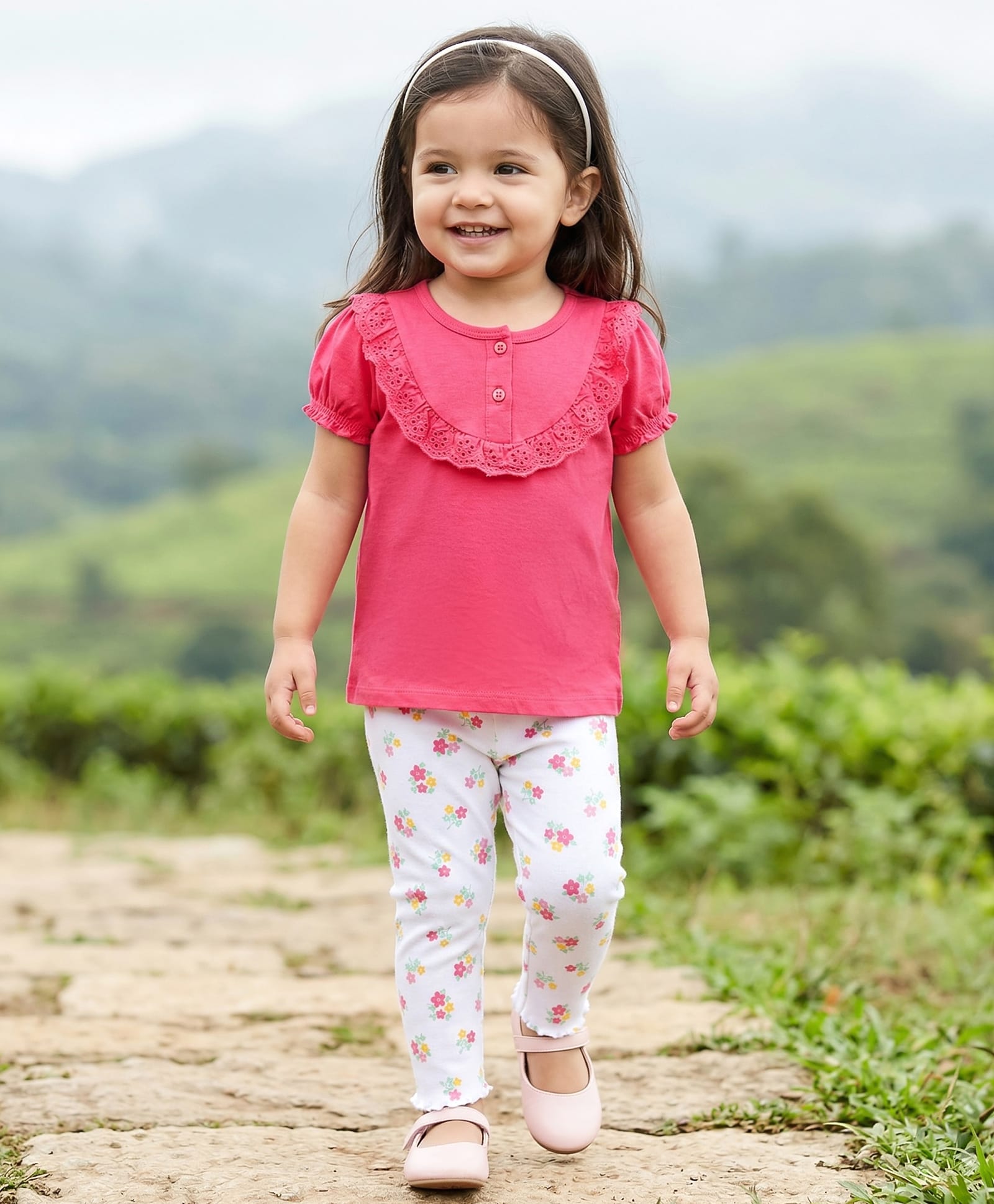 Babyhug Single Jersey Knit Half Sleeves Top & Leggings Set with Floral Print - Dark Pink-image-25